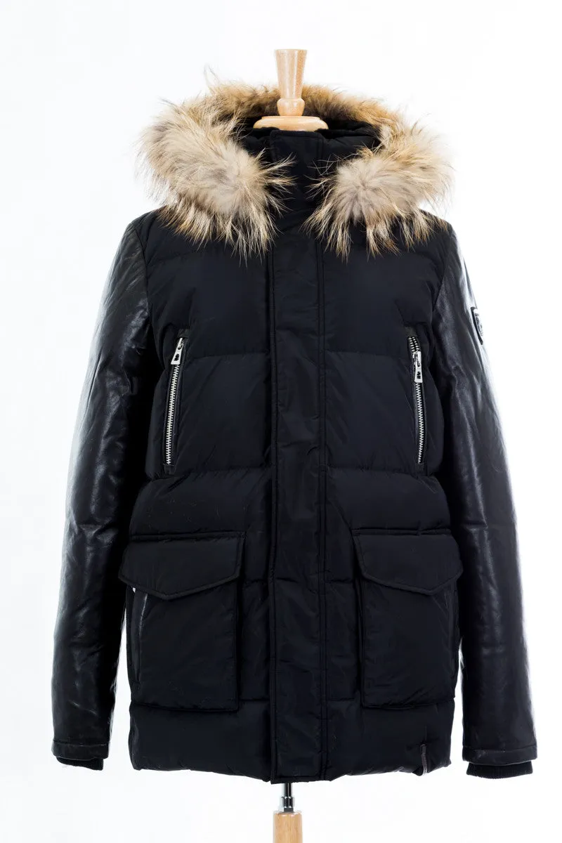 Stylish Calcot Leather Jacket with Luxurious Fur Hood and Sleeves