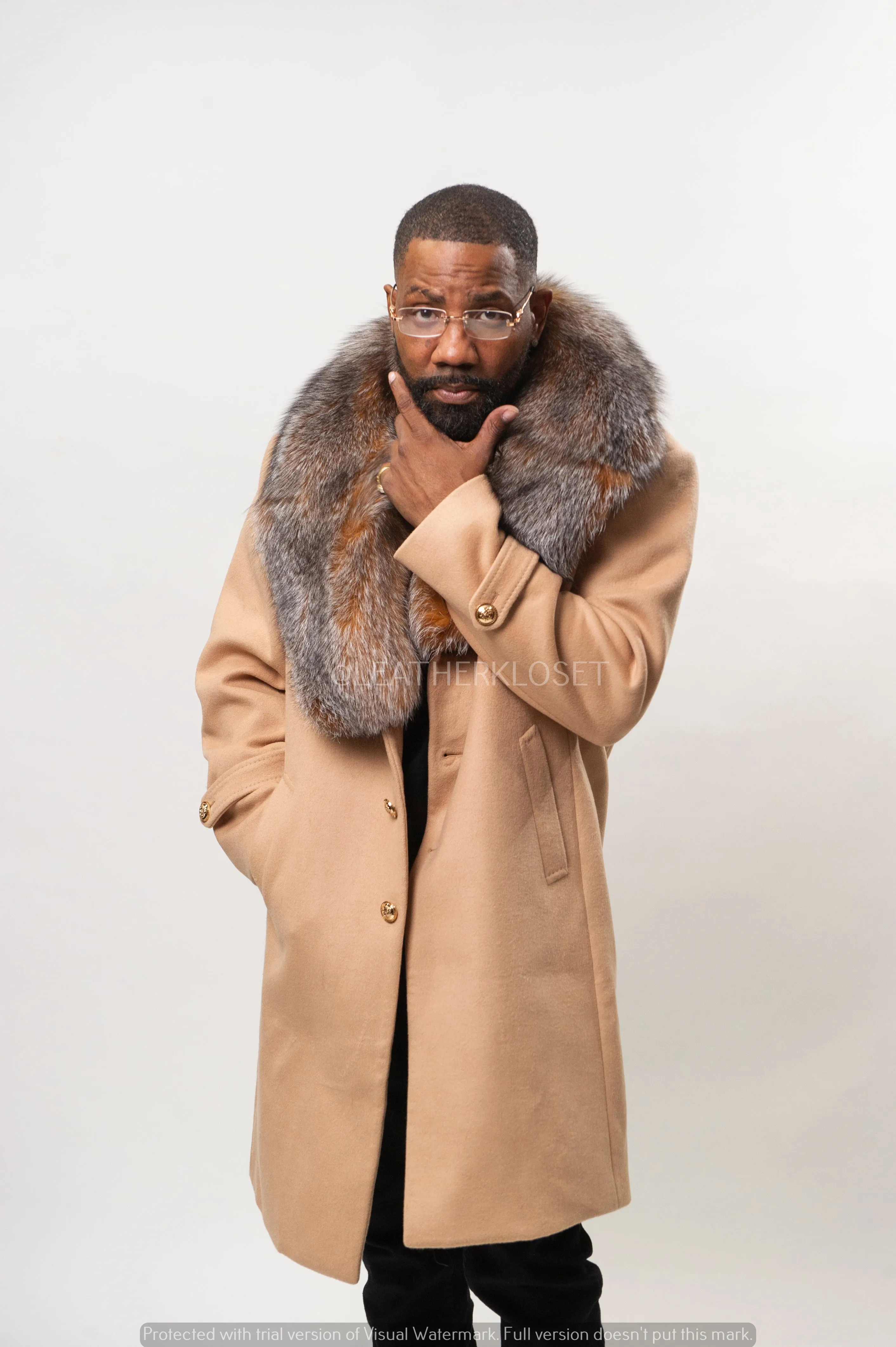 Luxurious Mens Cashmere Trench Coat with Premium Fox Fur Collar