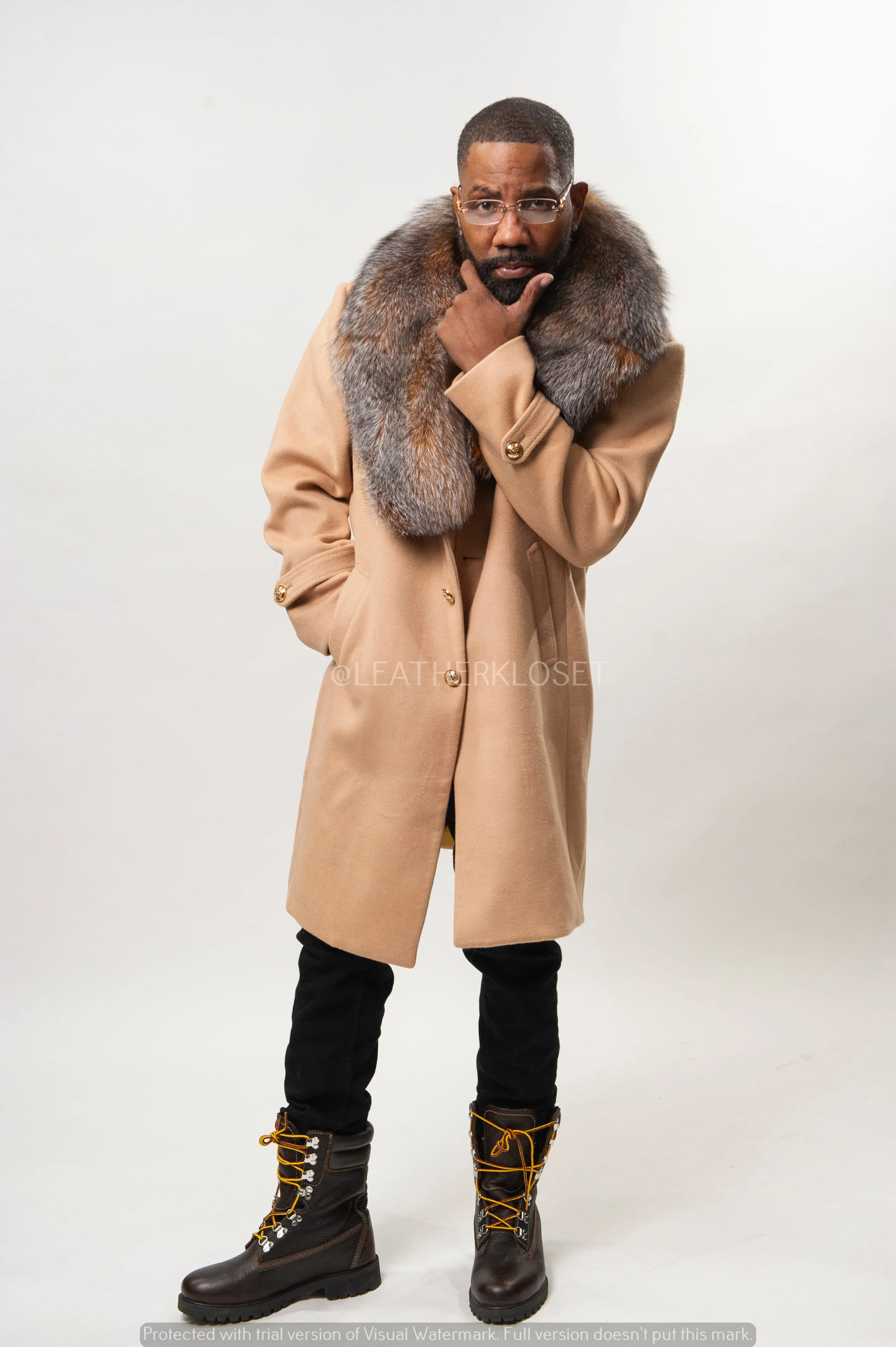 Luxurious Mens Cashmere Trench Coat with Premium Fox Fur Collar